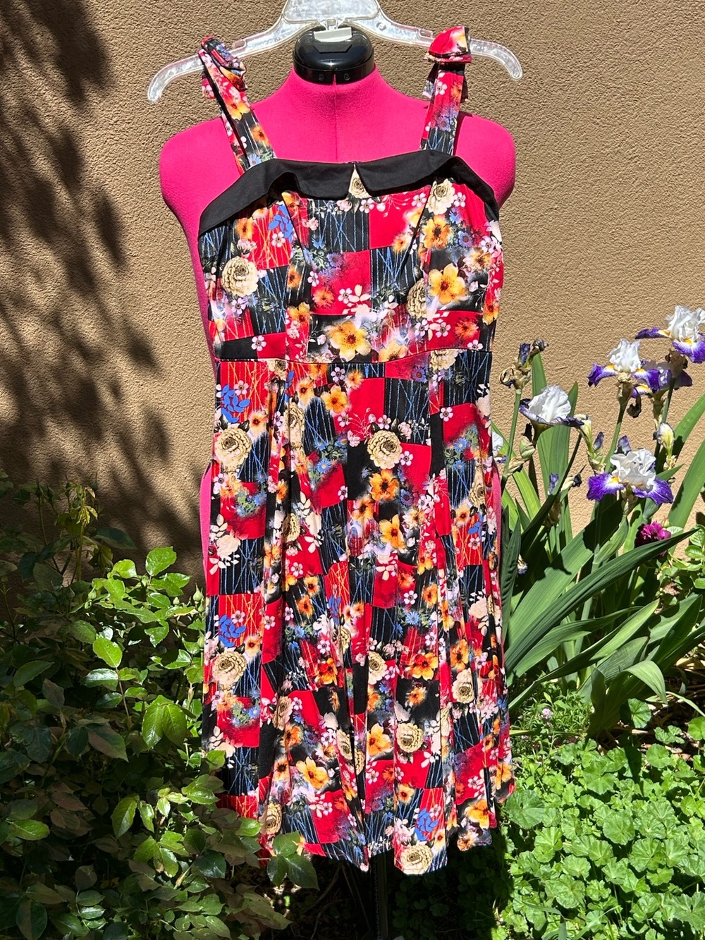 Hearts & Roses Red Floral Patchwork Sundress with Black Trim